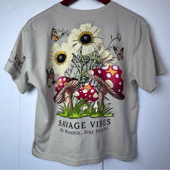 Weekend Warriors Tan Savage Vibes Mushroom Botanical Crop Tee Shirt Women Size L - Picture 12 of 13